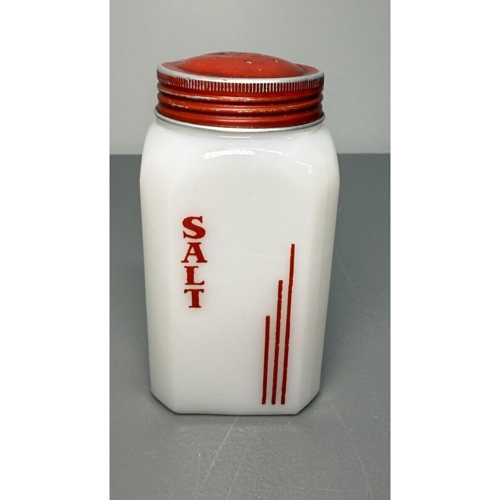 Vintage Deco Hazel-Atlas Glass Red‎ Vertical Lines Salt Shaker c.1935 #38